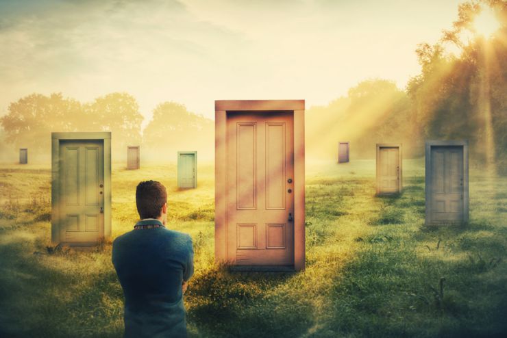 Rear view man in front of many different doors choosing one. Difficult decision, concept of important choice in life, failure or success. Ways to unknown future career development. Opportunity symbol.