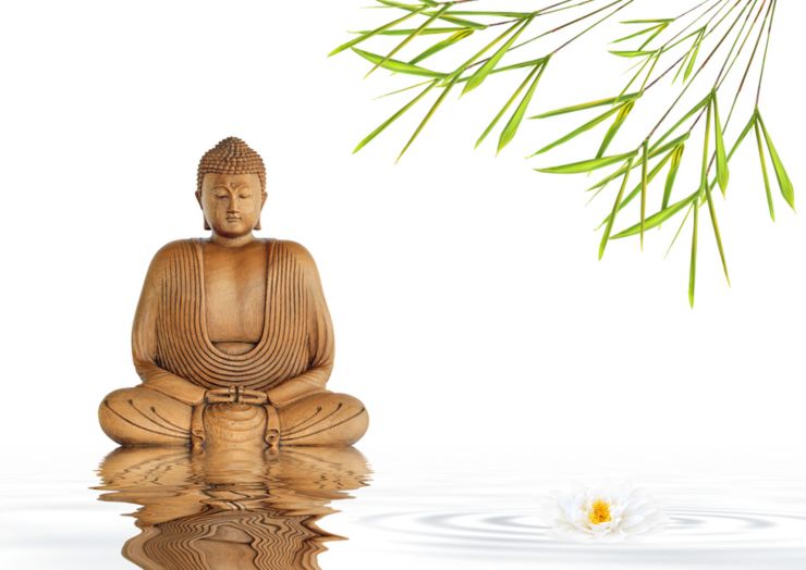Zen abstract of a buddha in prayer in a garden with bamboo leaf grass and lotus lily flower with reflection over rippled gray water over white background.
