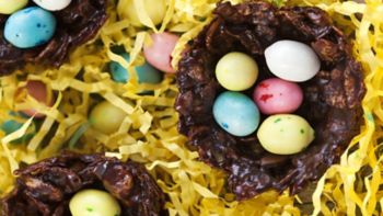 Chocolate Nest with colorful egg candy. Easter dessert