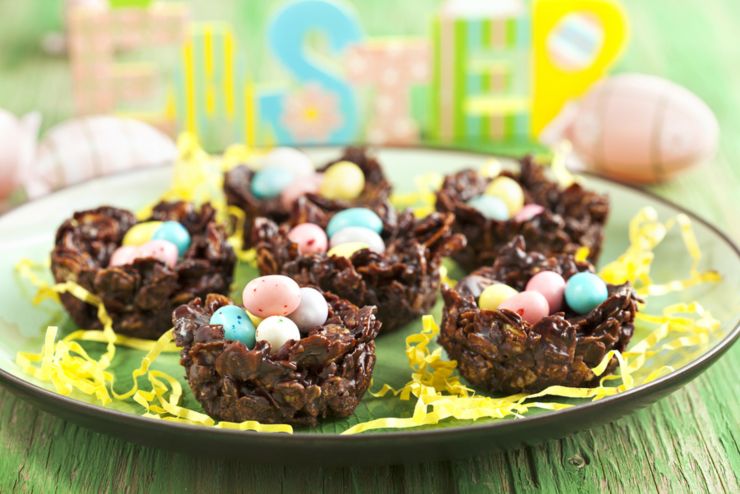 Chocolate Nest with colorful egg candy on plate