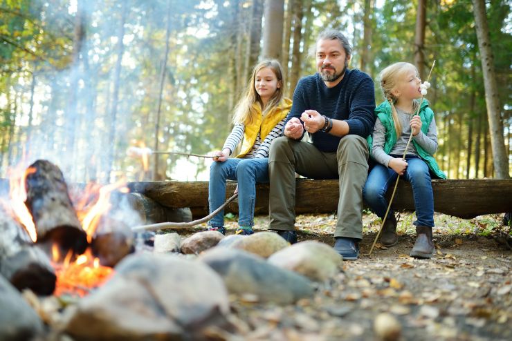 Cute little sisters and their father roasting marshmallows on sticks at bonfire. Children having fun at camp fire. Camping with kids in fall forest. Family leisure with kids at autumn.