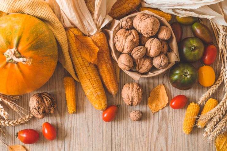 Harvest, Autumn. Still life with Thanksgiving concept. Panoramic collection of fresh healthy fruits and vegetables. Healthy eating background. Vegetables on vintage rustic wooden background.
