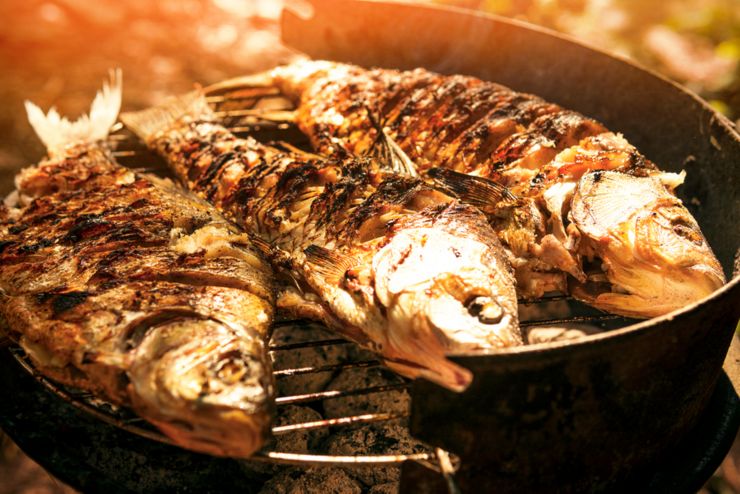 Cooking fish on the grill. Fried fish. Fried fish on the fire. Close-up. Moment of cooking