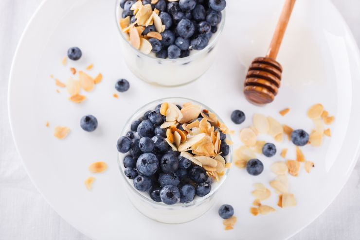 Homemade yoghurt with blueberry,almond and honey.selective focus; Shutterstock ID 314764151; purchase_order: UK BLOG; job: ; client: UK Marketing; other: 