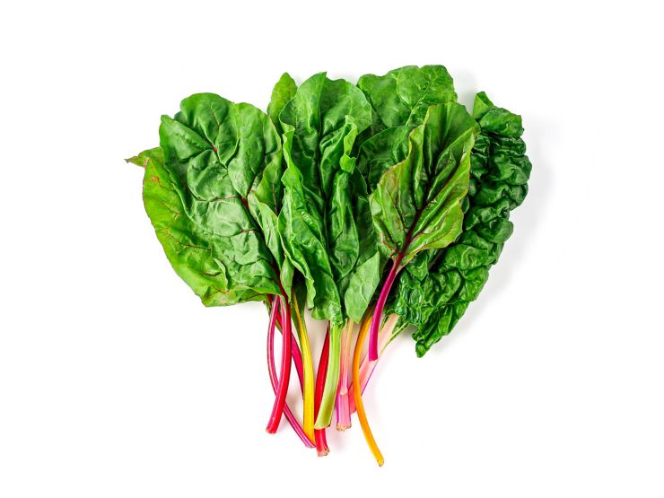 Bunch of swiss chard leafves isolated on white background. Fresh swiss rainbow chard with yellow, red and green colors, top view or flat lay; Shutterstock ID 1563235282; Job: -; Project Name: -; Client/Licensee: -; Art Buyer: -