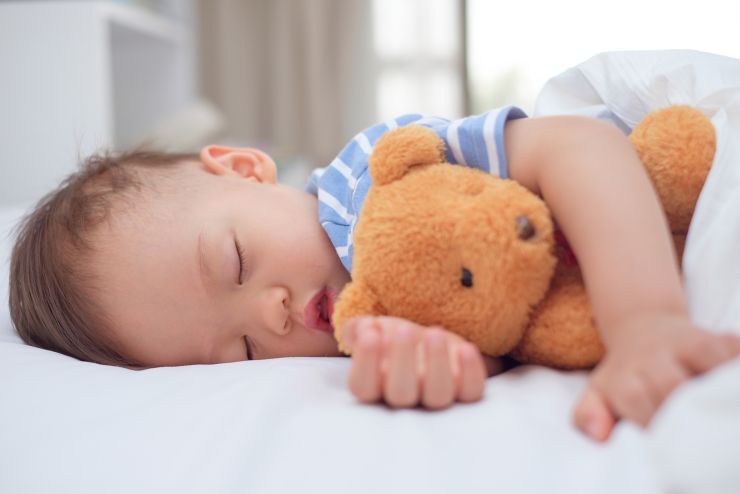Cute little Asian 18 months / 1 year old toddler baby boy child sleeping / taking a nap under blanket in bed while hugging teddy bear, Daytime sleep, kid deep sleeping, sweet dream concept
