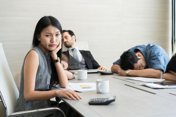 Bored business people and sleeping resting on workplace during work meeting, concept of exhausted businesspeople bored sleep tired.