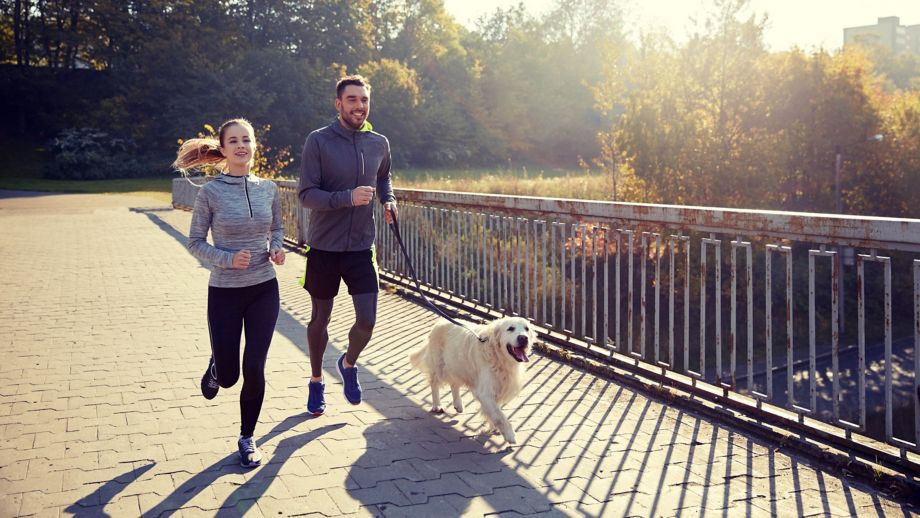 fitness, sport, people and jogging concept - happy couple with dog running outdoors; Shutterstock ID 581727106